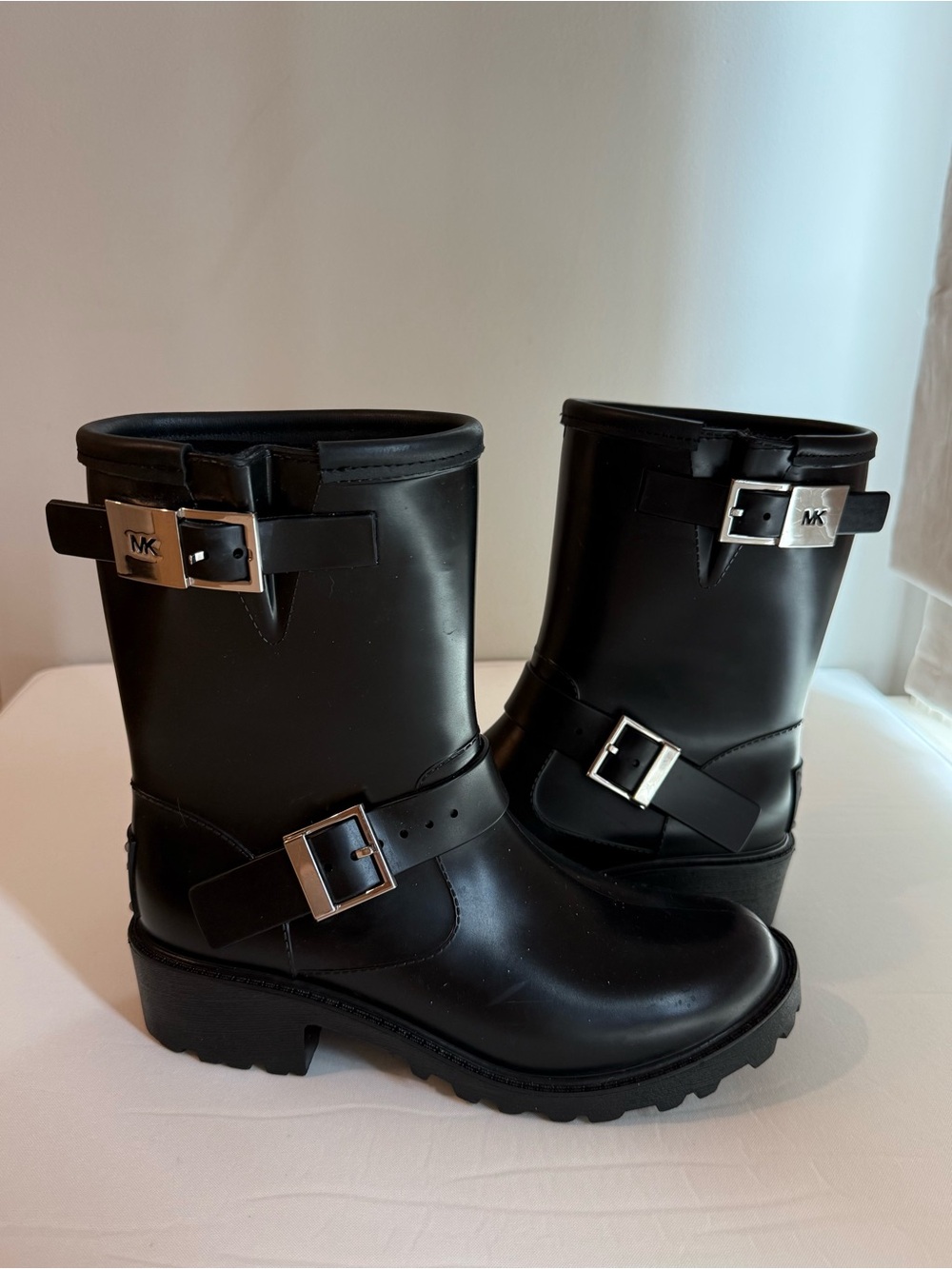 Michael Kors Black Buckle Combat Rain Boots